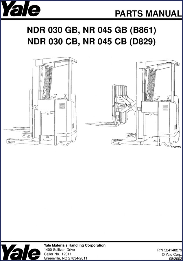 Yale NDR 030 NR 045 2002 Parts Catalog cover with model and serial number identification