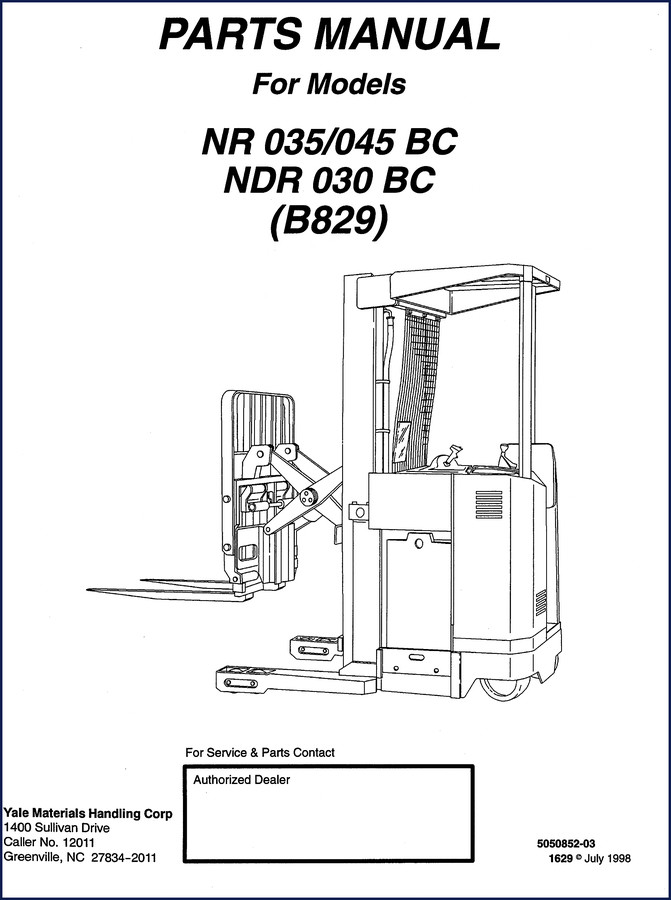 Yale NR 035, NR 045, NDR 030 1998 Parts Catalog cover - 214 pages OEM parts listing