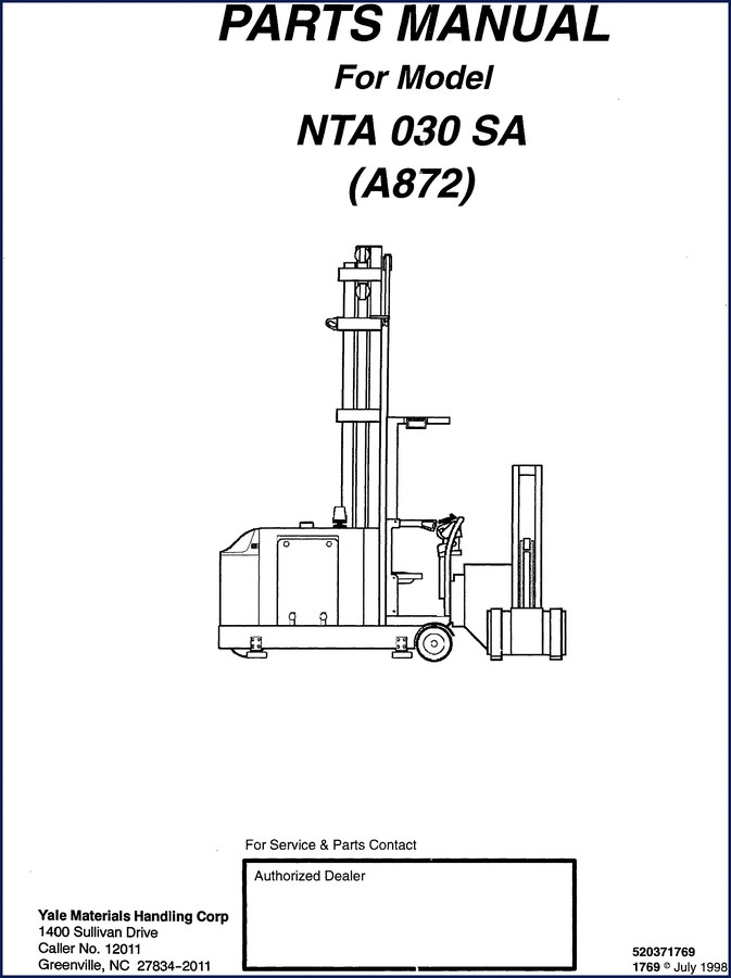Yale NTA 030 SA 1998 Parts Catalog cover page showing turret truck diagram