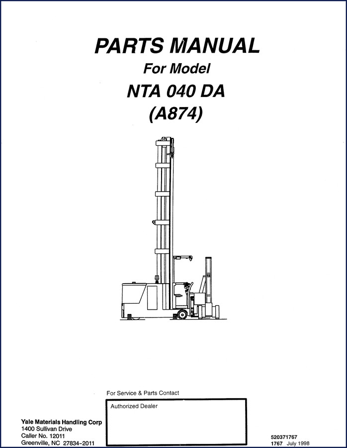 Yale NTA 040 DA 1998 Parts Catalog cover page showing truck model and part number 520371767