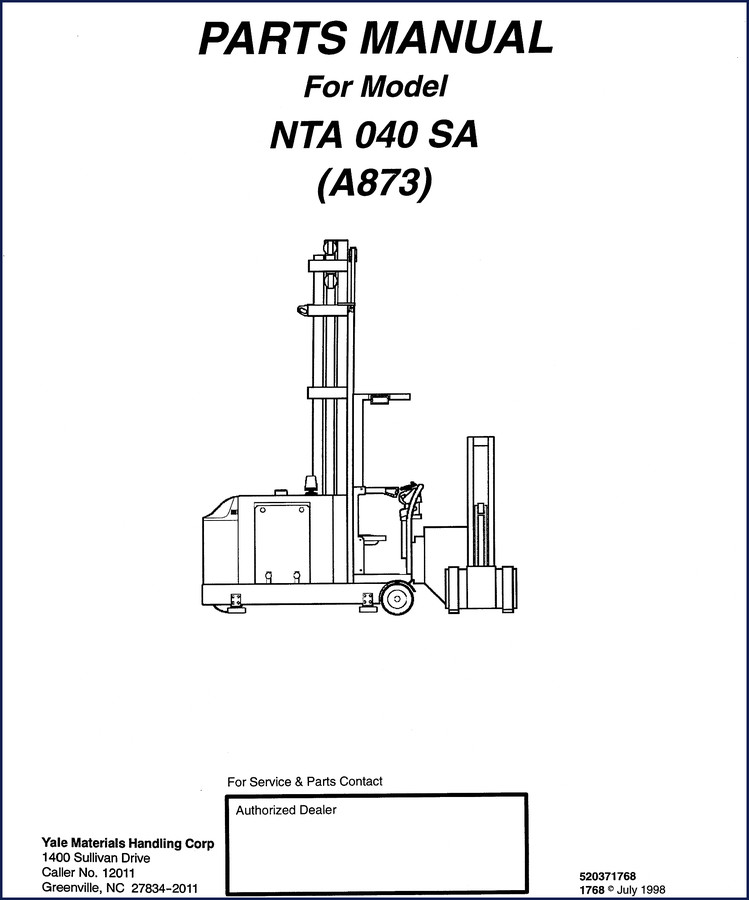 Yale NTA 040 SA 1998 Parts Catalog cover showing model and manual type