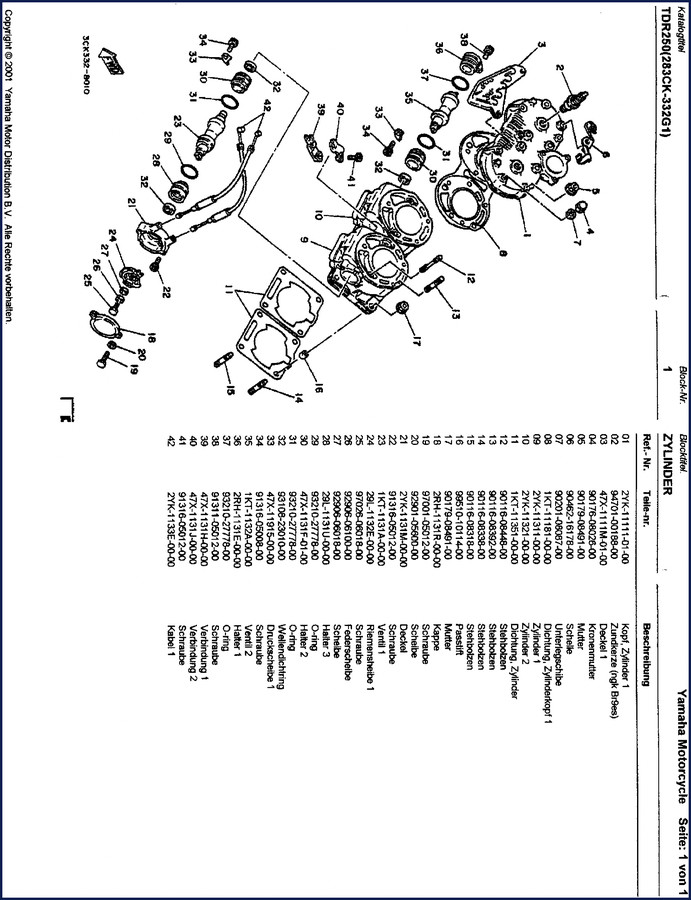 Yamaha TDR250 2001 Parts Catalog – OEM factory microfiche page showing cylinder head parts list