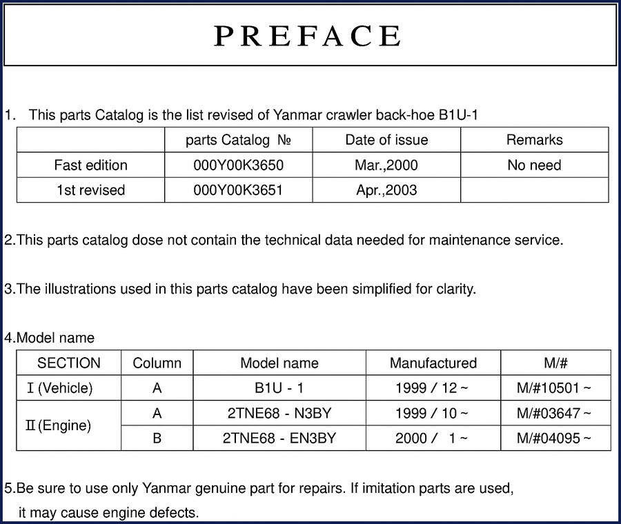 Yanmar B1U-1 crawler back-hoe 2003 parts catalog cover page