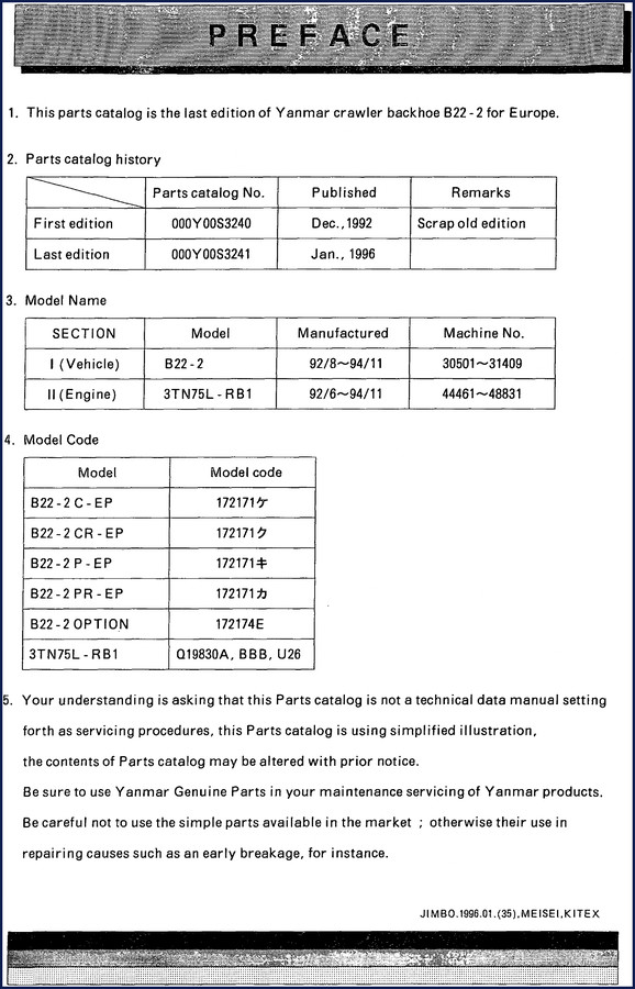 1995 Yanmar B22-2 Parts Catalog cover – 137-page OEM factory document
