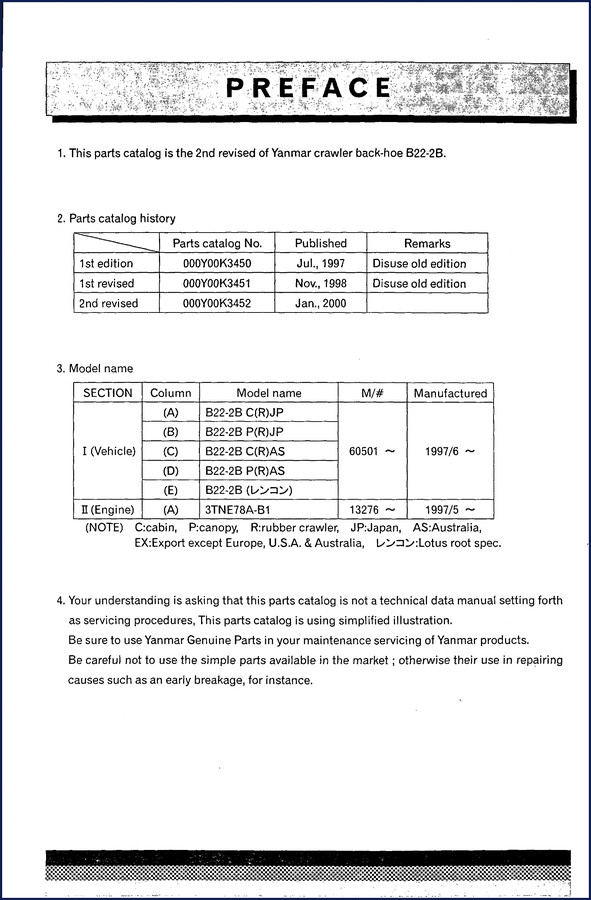 Yanmar B22-2B 2000 Parts Catalog cover - official OEM factory parts manual with 261 pages