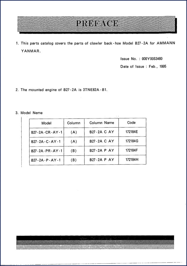Yanmar B27-2A 1995 Parts Catalog cover - OEM factory document for crawler backhoe