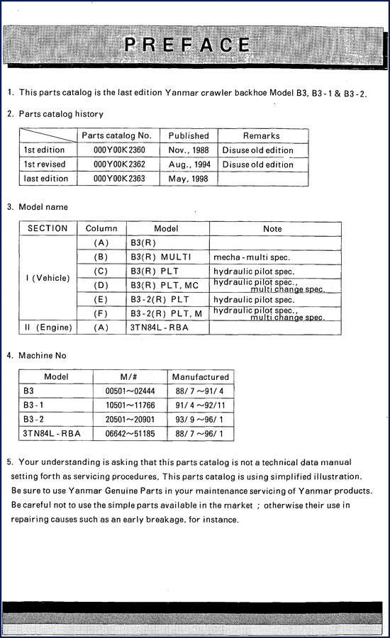 Yanmar B3-2 parts catalog 1998 OEM factory document