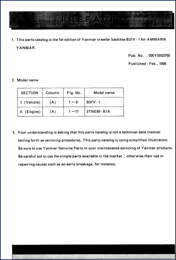 1998 Yanmar B37V-1 Parts Catalog – factory illustrated parts breakdown