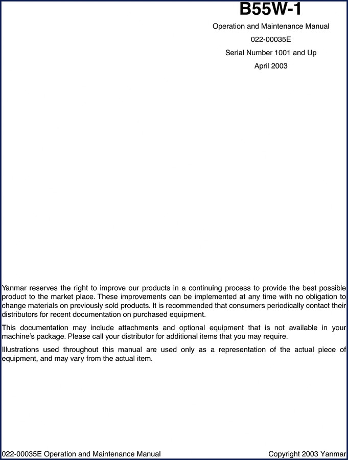 Yanmar B55W-1 2003 Service Manual cover page showing excavator and model info