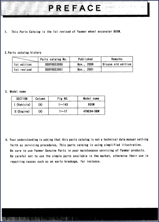 Yanmar B55W 2001 Parts Catalog cover - OEM factory parts guide for wheel excavator