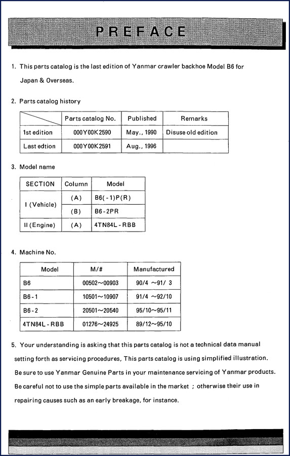 Yanmar B6 backhoe parts catalog cover – 181 pages OEM factory document