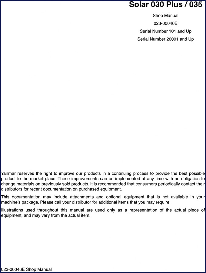 Yanmar Solar 030 Plus and Solar 035 Workshop Manual cover – 269-page factory OEM document