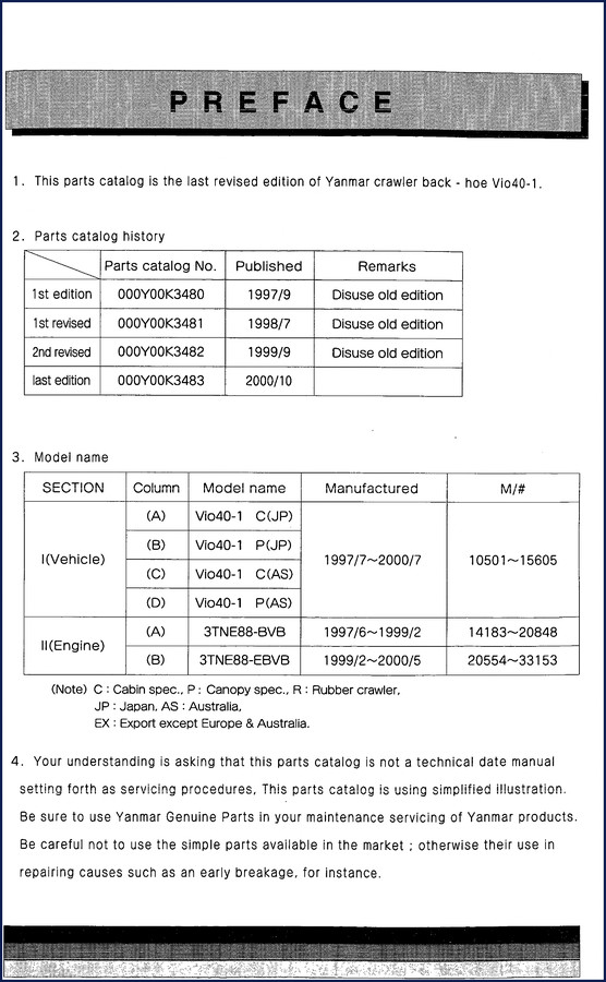 Yanmar Vio40-1 2000 Parts Catalog cover – factory OEM document for crawler backhoe