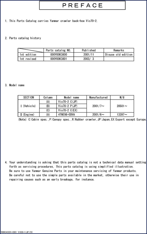 Yanmar Vio70-2 2003 Parts Catalog cover - OEM factory parts manual for crawler backhoe