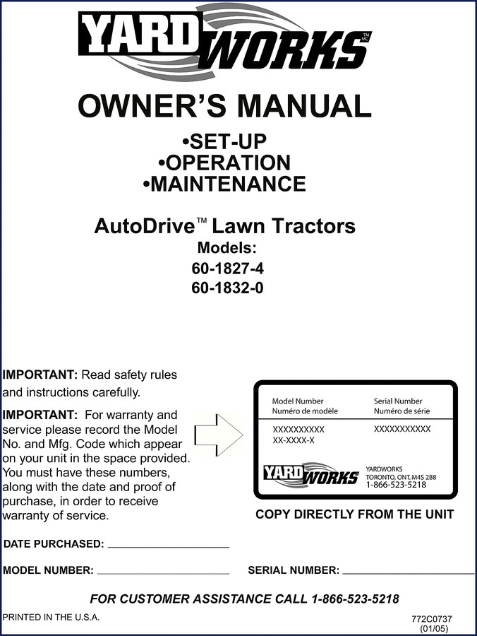 Yardworks 60-1827 60-1832 2005 User Manual cover showing AutoDrive lawn tractor