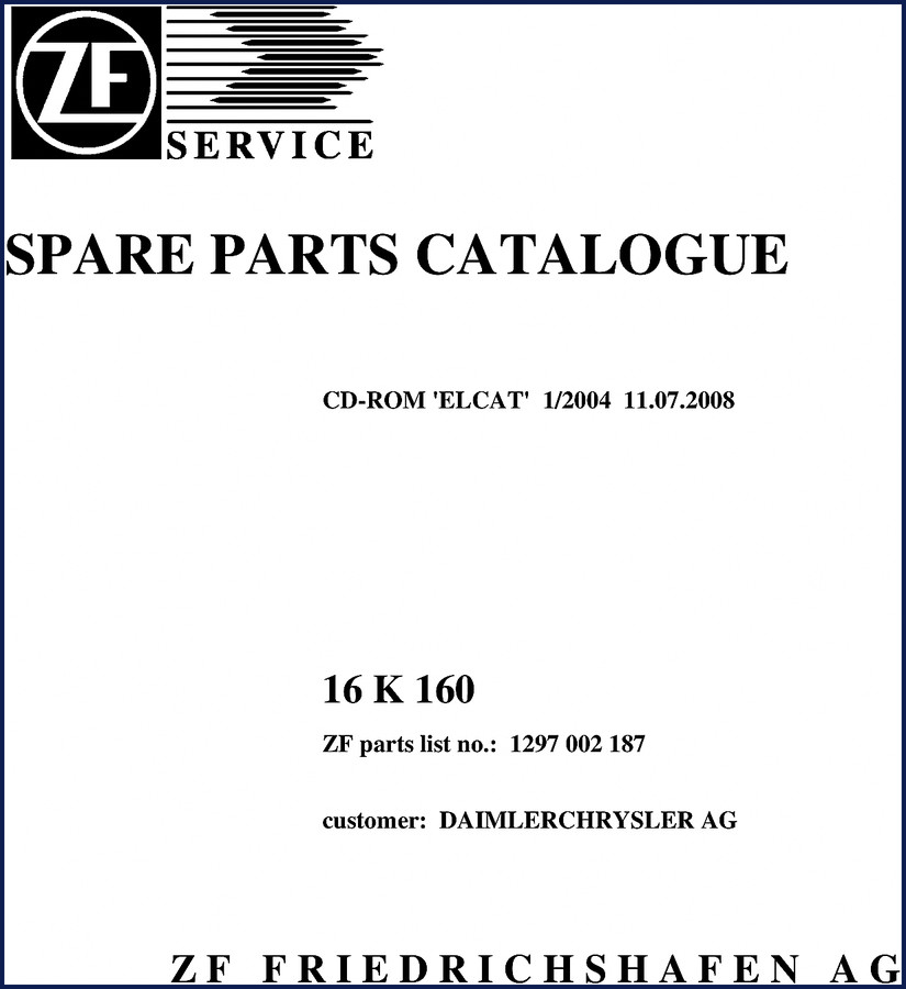 ZF 16 K 160 2008 Parts Catalog cover page showing transmission illustration
