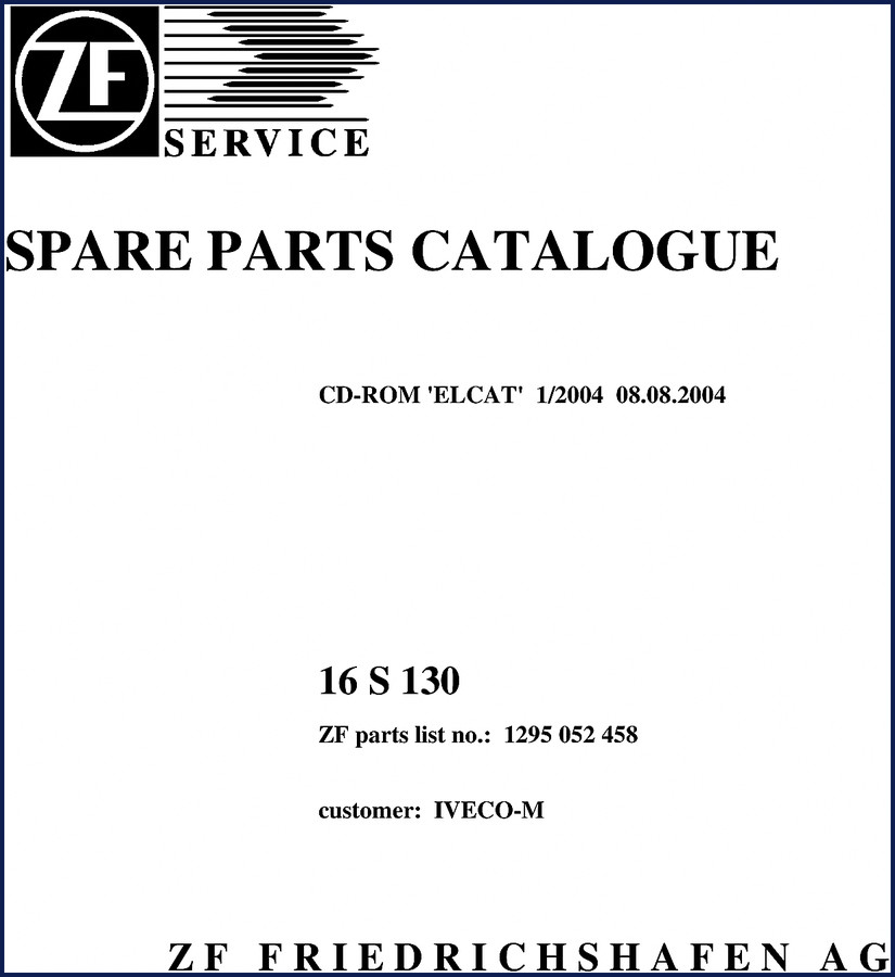 ZF 16 S 130 2004 Parts Catalog cover showing transmission diagram and OEM branding