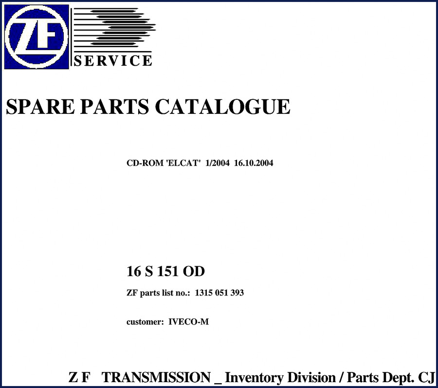 ZF 16 S 151 OD 2004 OEM Parts Catalog cover page