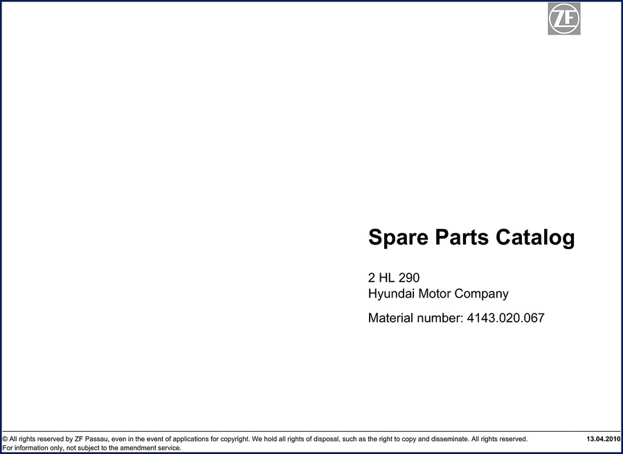 ZF 2 HL 290 2010 Parts Catalog cover showing transmission and OEM branding