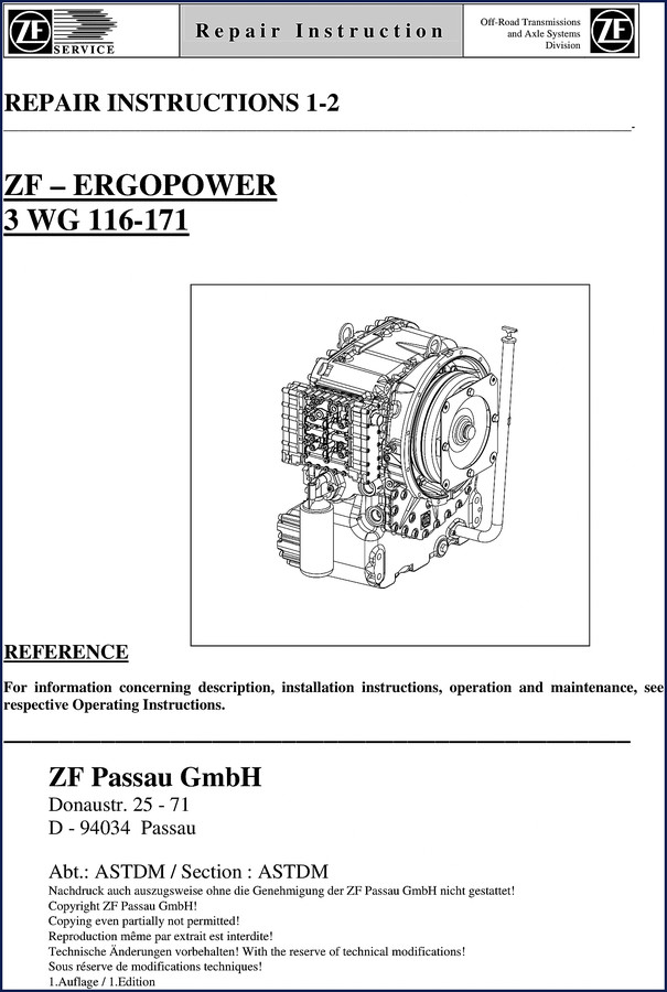 ZF 3 WG 116 and 3 WG 171 repair manual cover - factory service documentation for off-road transmissions