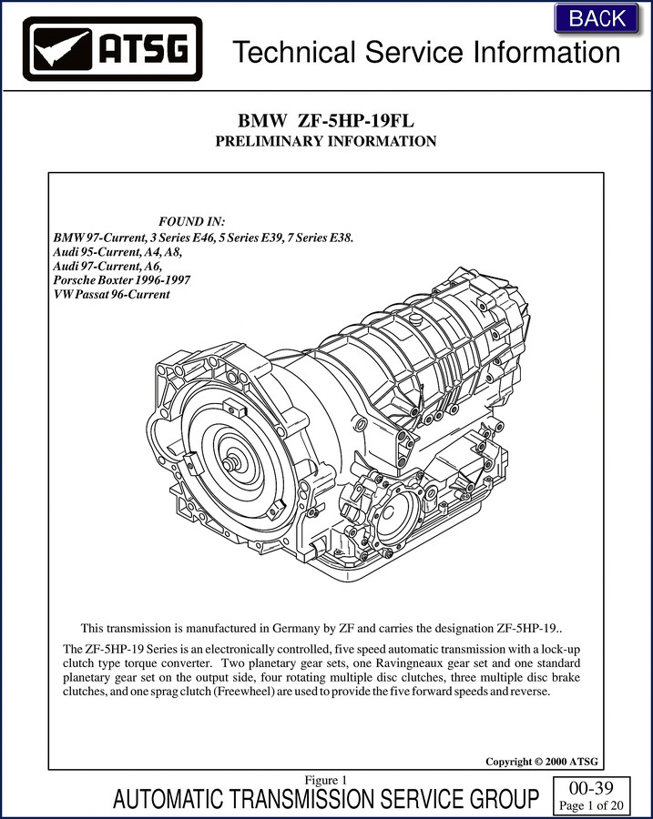 ZF 5HP19FL 2000 service manual cover showing transmission cutaway and ATSG branding