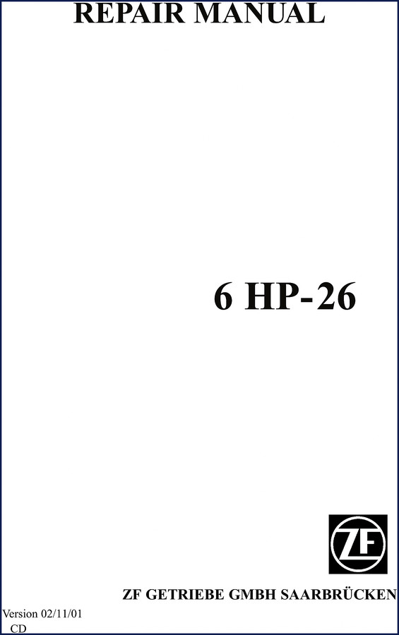 ZF 6HP-26 2001 OEM Repair Manual cover showing transmission cutaway
