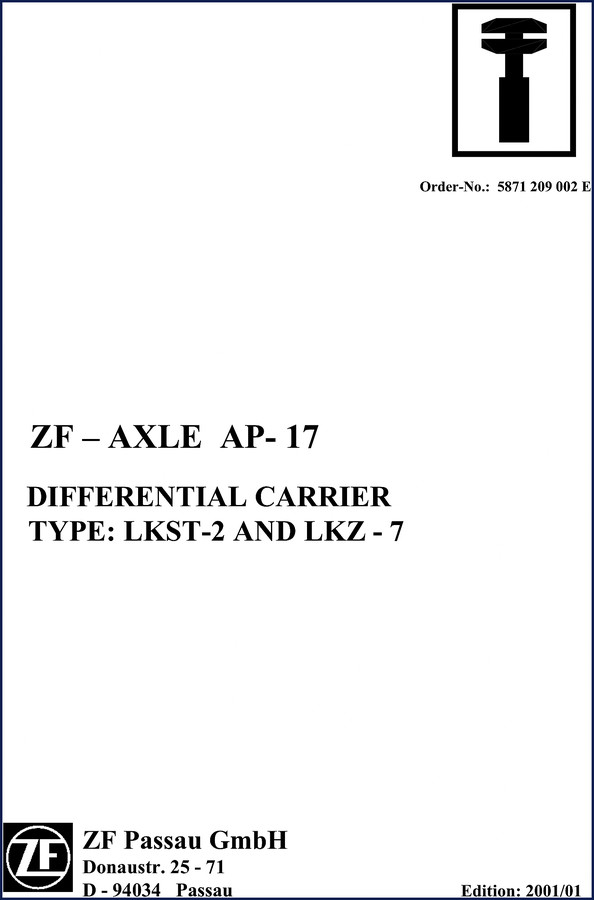 ZF AP-17 LKST-2 LKZ-7 2001 Technical Manual cover showing differential carrier assembly