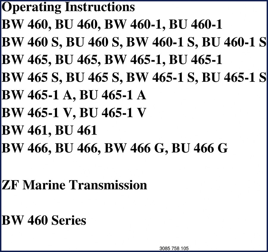 ZF BW 460 series operators manual cover showing marine transmission cutaway