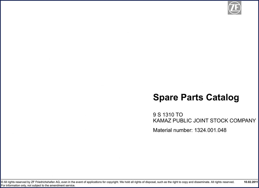 ZF AS 1310 2011 Parts Catalog cover page showing transmission cutaway and part numbering