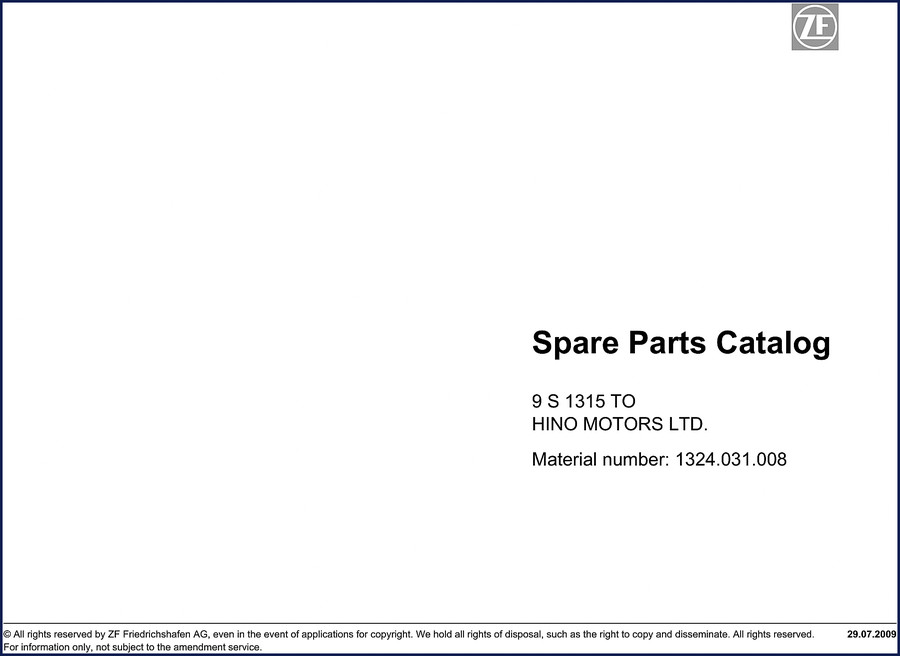 ZF S 1315 2009 Parts Catalog cover showing transmission illustration