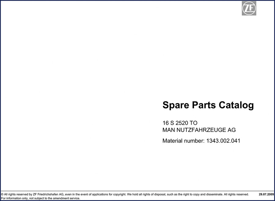 ZF S 2520 2009 Parts Catalog cover showing transmission diagram and model designation