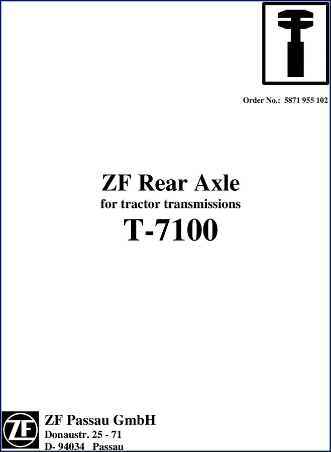 ZF T-7100 Technical Manual cover diagram of rear axle assembly and PTO transmission