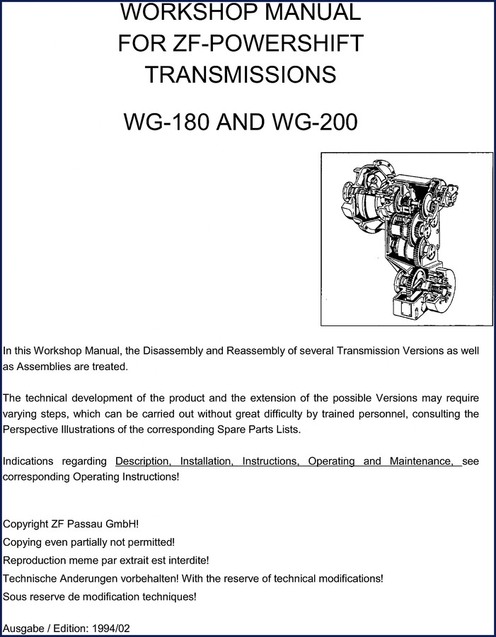 1994 ZF WG-180 WG-200 Workshop Manual cover - powershift transmission repair