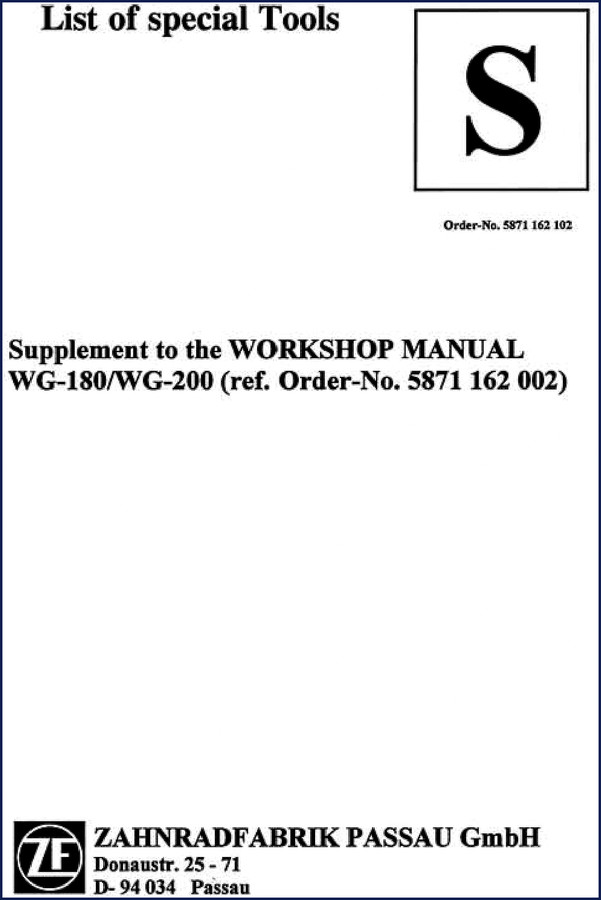 ZF WG-200 Workshop Manual cover showing transmission diagram and special tool list page