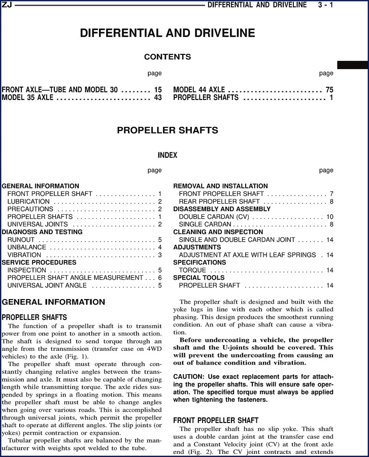 ZJ FRONT AXLE MODEL 35 MODEL 44 Technical Manual cover page showing axle cutaway and service information
