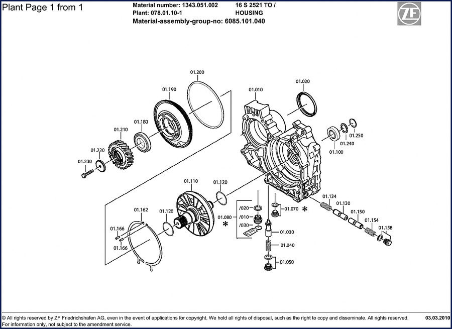 ZF 16 S 2521 TO 2010 Parts Catalog cover showing transmission housing diagram